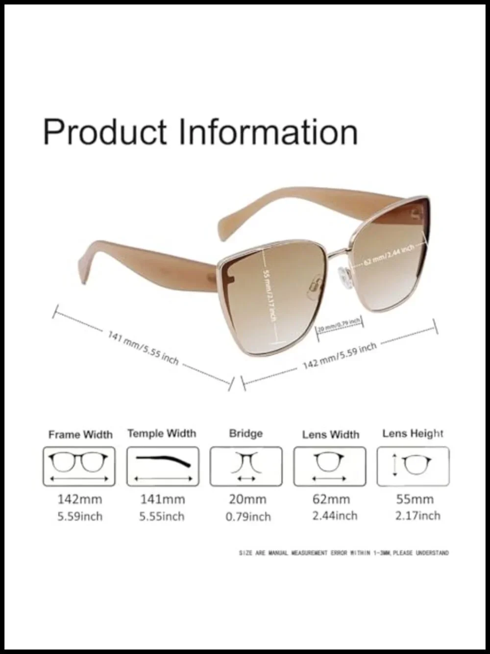 Oversized Cat-Eye Sunglasses Metal Square Frame UV400 Protection